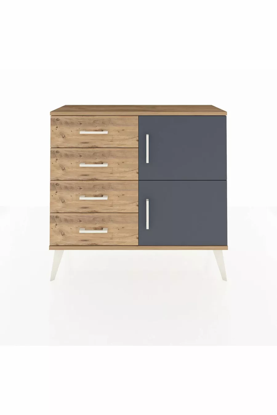 Commode Arges avec une seule étagère, 4 tiroirs et 2 portes, Pin-Anthracite/Pin