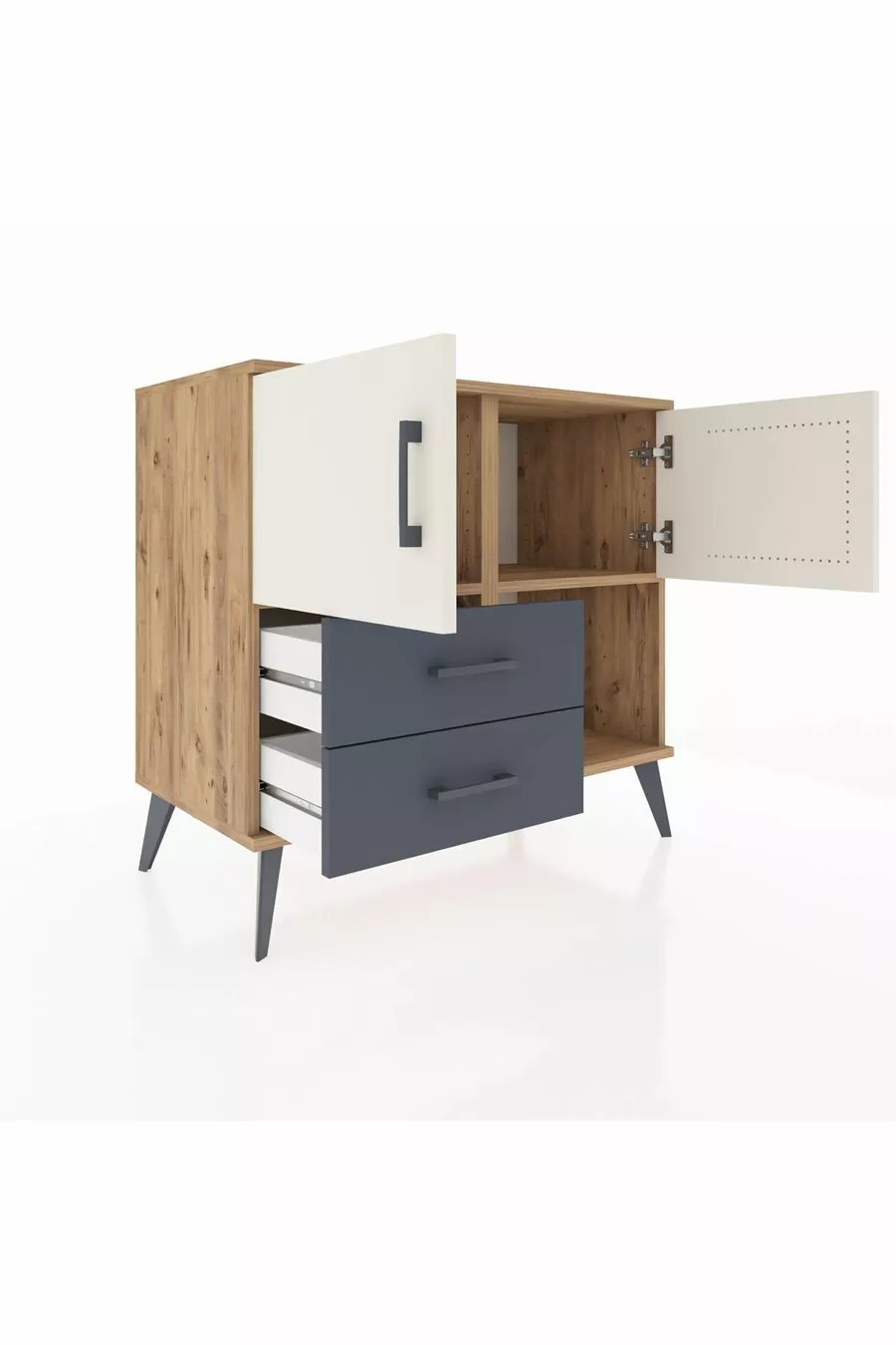 Commode Hyperion 2 étagères 2 tiroirs 2 portes Pin-Marbre/Anthracite