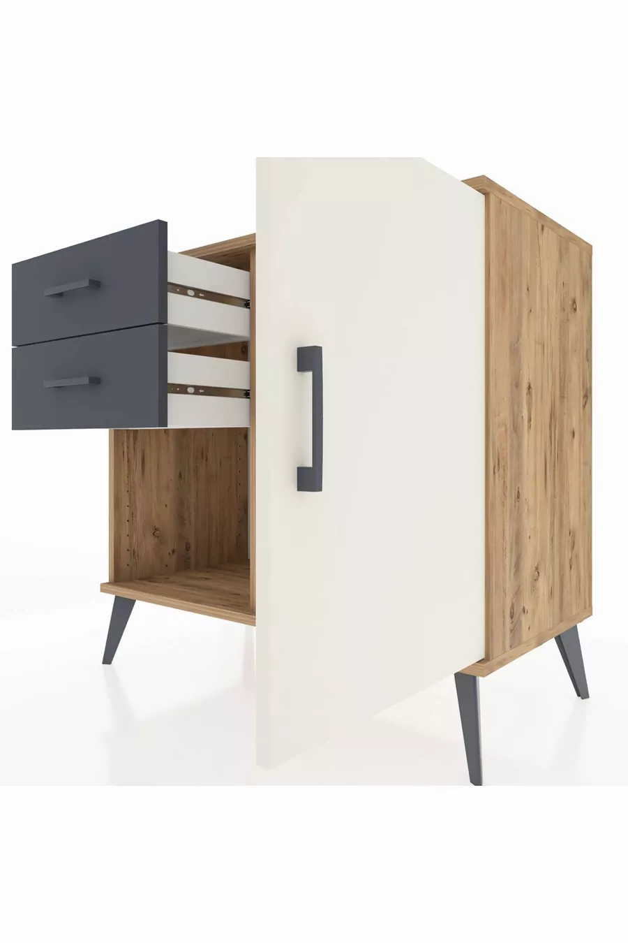 Commode Hyperion avec une seule étagère, 2 tiroirs et une porte, pin-gris/anthracite