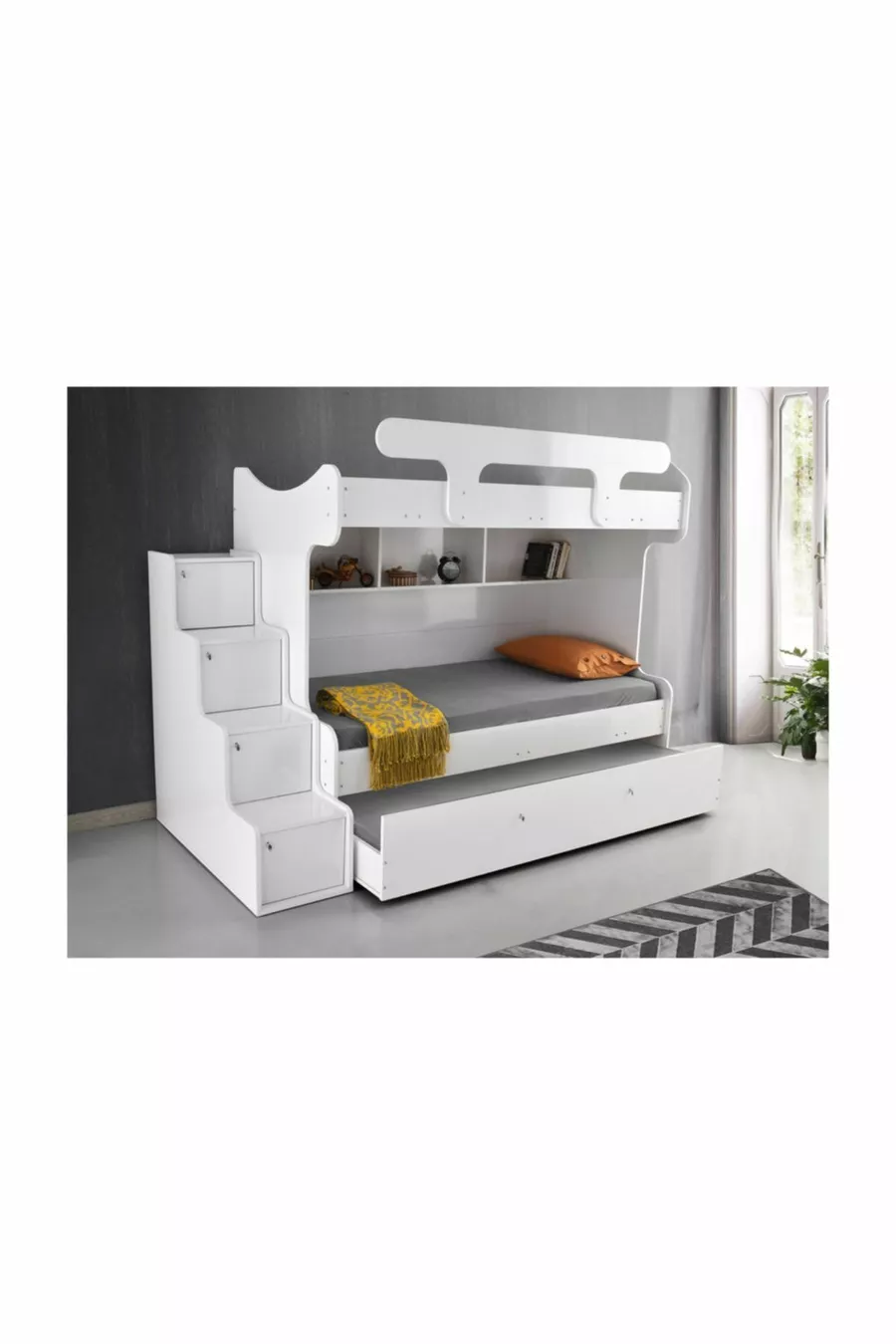 Samara Ranza - Lits superposés avec 3 couchages et escalier, lit avec tiroir - Blanc brillant