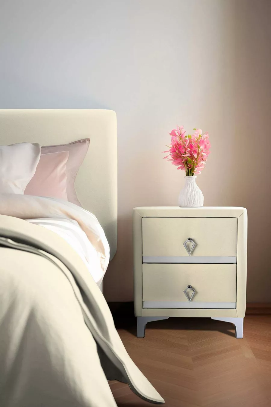 Table de chevet Doppia Linea Silver, à deux tiroirs