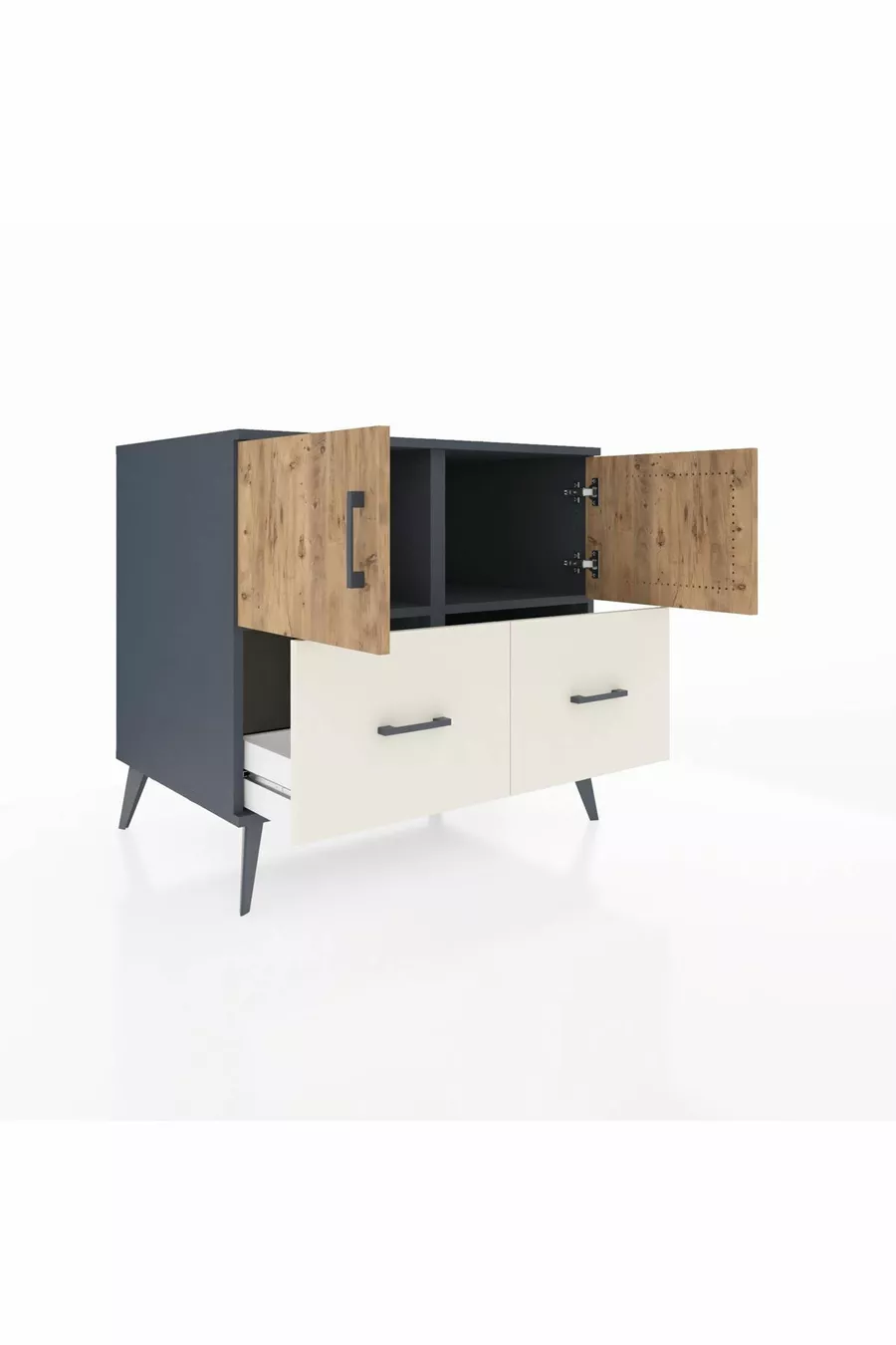 Commode Kronos 2 étagères 2 tiroirs 2 portes Anthracite-Sapin/Gris pierre