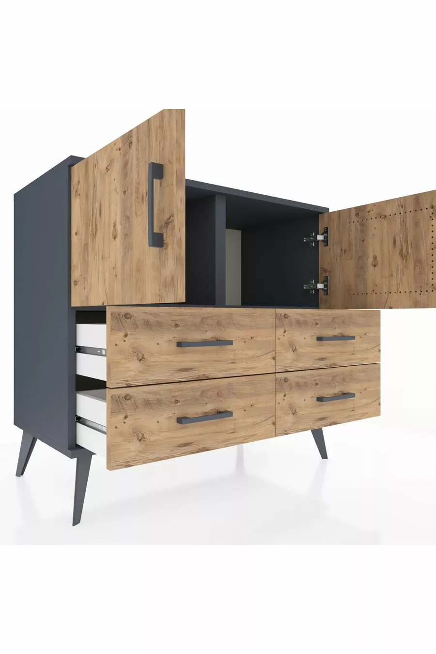 Commode Hyperion avec 2 étagères, 4 tiroirs et 2 portes, Anthracite-Sapin