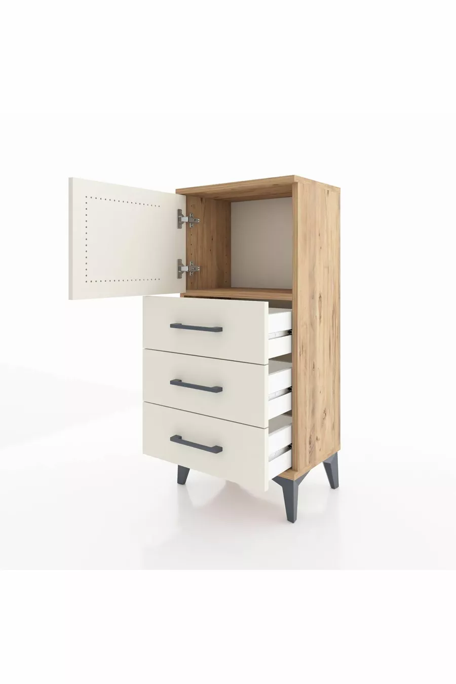Chevet Arges avec une étagère, 3 tiroirs et une porte, en pin et marbre