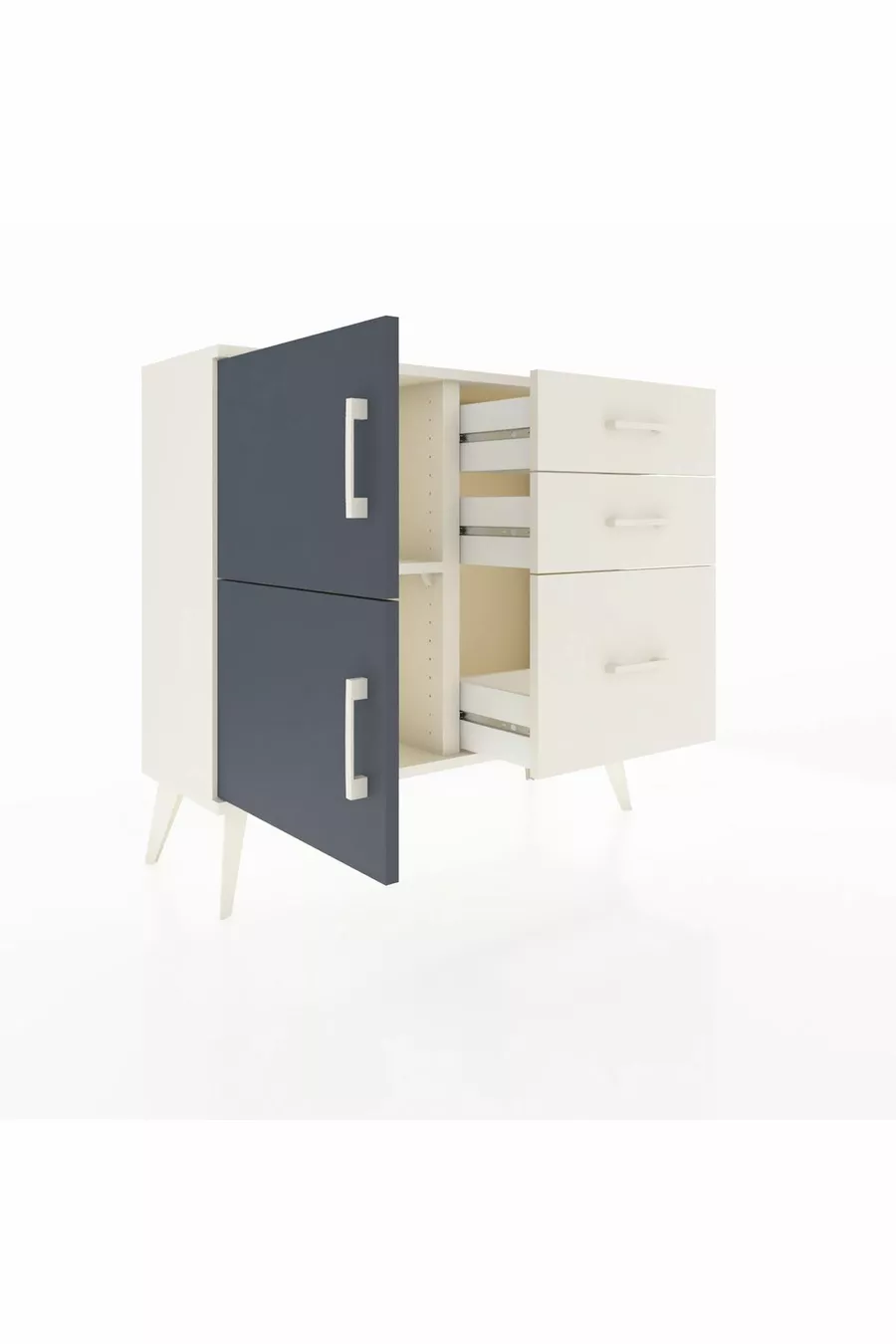 Commode Arges avec une étagère, 3 tiroirs et 2 portes, couleur Pierre de Lune-Anthracite/Pierre de Lune