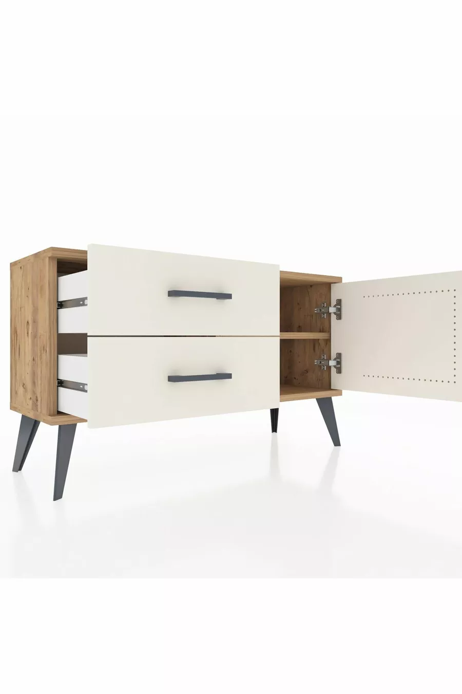 Commode Arges à une étagère, 2 tiroirs et une porte, pin et pierre de l'ay