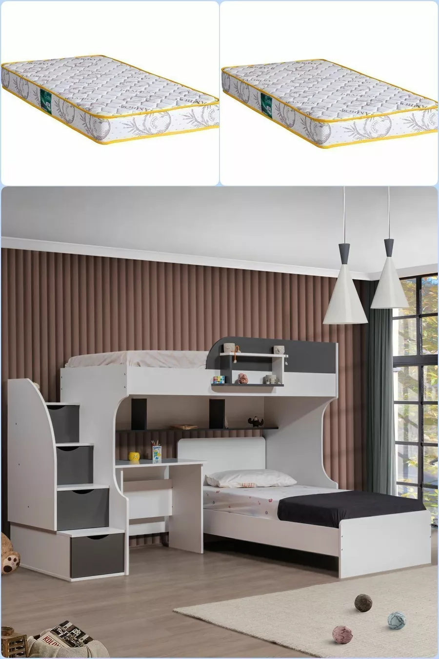 Lits superposés, Lit Aura Ranza avec table et 2 matelas Comfort