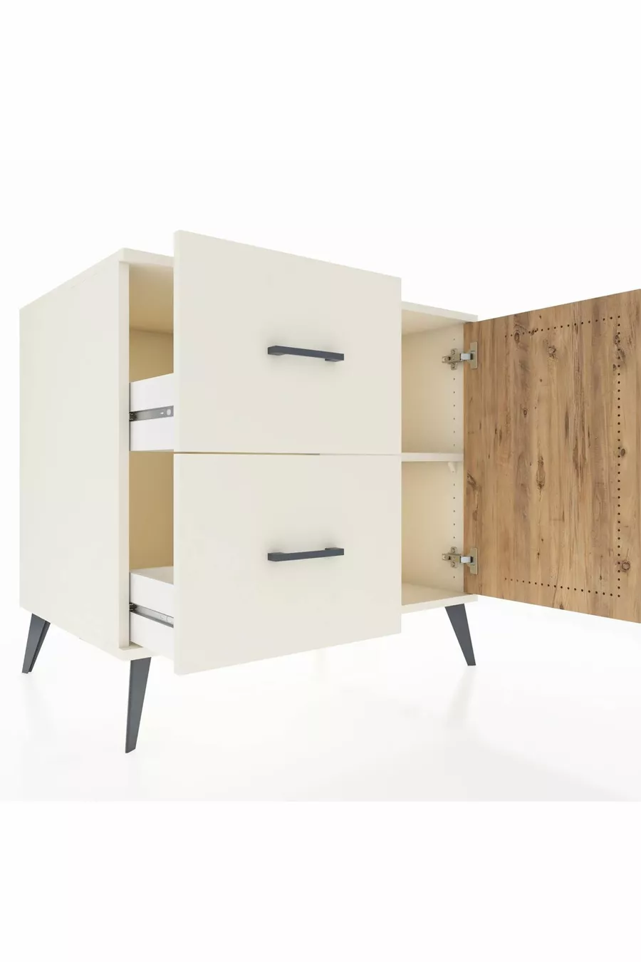Commode Kronos à une étagère, 2 tiroirs et une porte, Pierre de Lune-Pin/Pierre de Lune