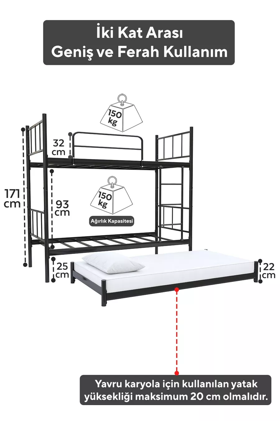 Lit superposé Tekno avec tiroirs, compatible pour 3 personnes, métal noir