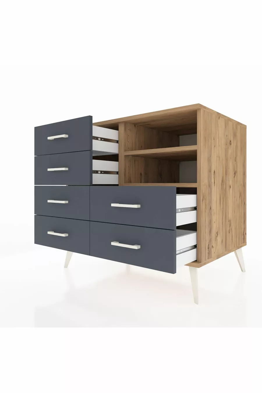 Commode Kronos 2 étagères 6 tiroirs Pin-Pin/Anthracite