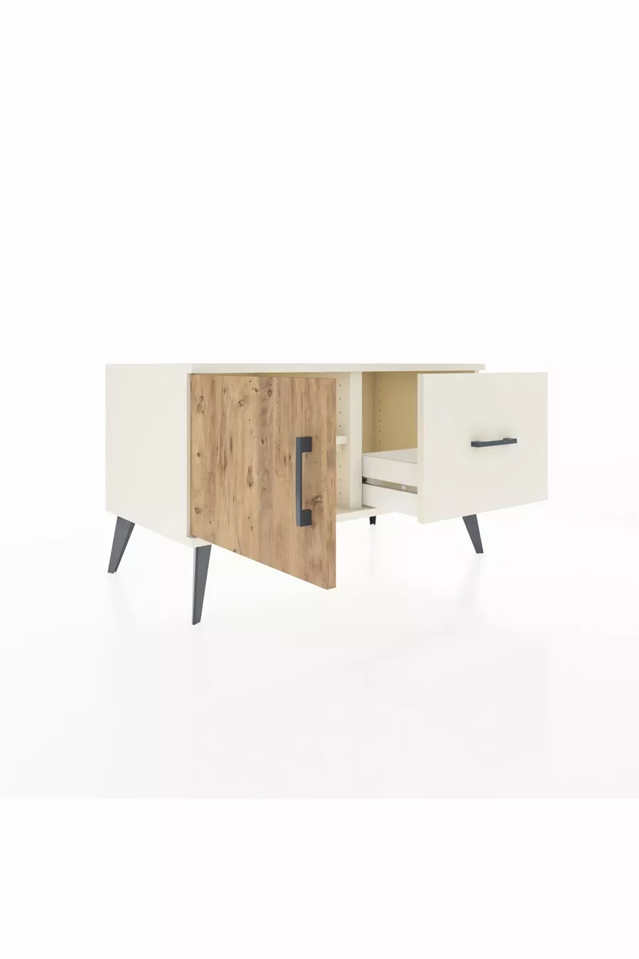 Commode Hyperion avec une étagère, un tiroir et une porte, coloris Pierre de Lune/Pin