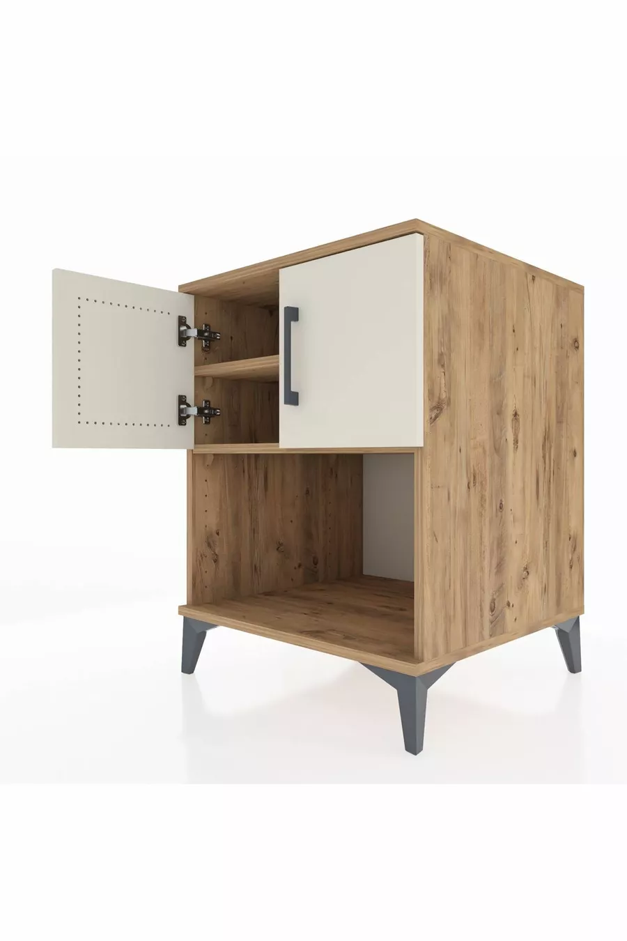 Table de chevet Kronos avec 2 étagères et 2 portes, pin-pierre d'orme