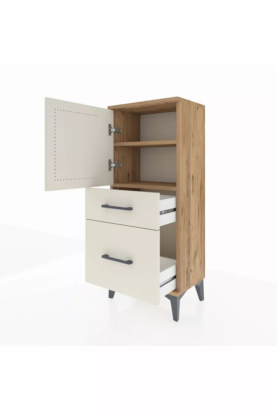 Table de chevet Arges avec 2 étagères, 2 tiroirs et 1 porte, en pin-pierre d'ardoise