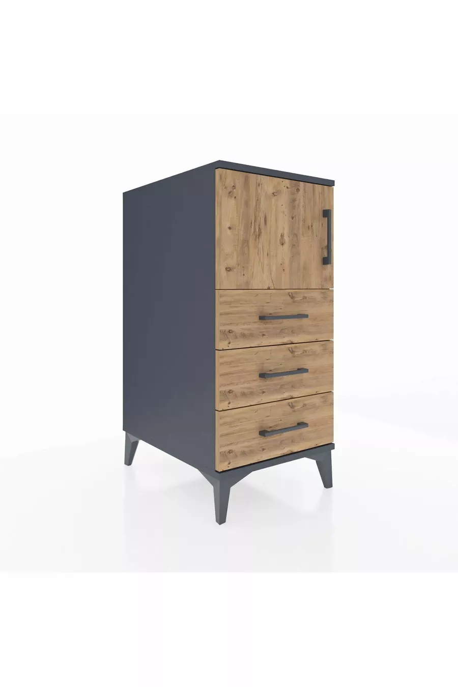 Kronos Table de chevet avec une étagère, 3 tiroirs et une porte, Anthracite-Pin