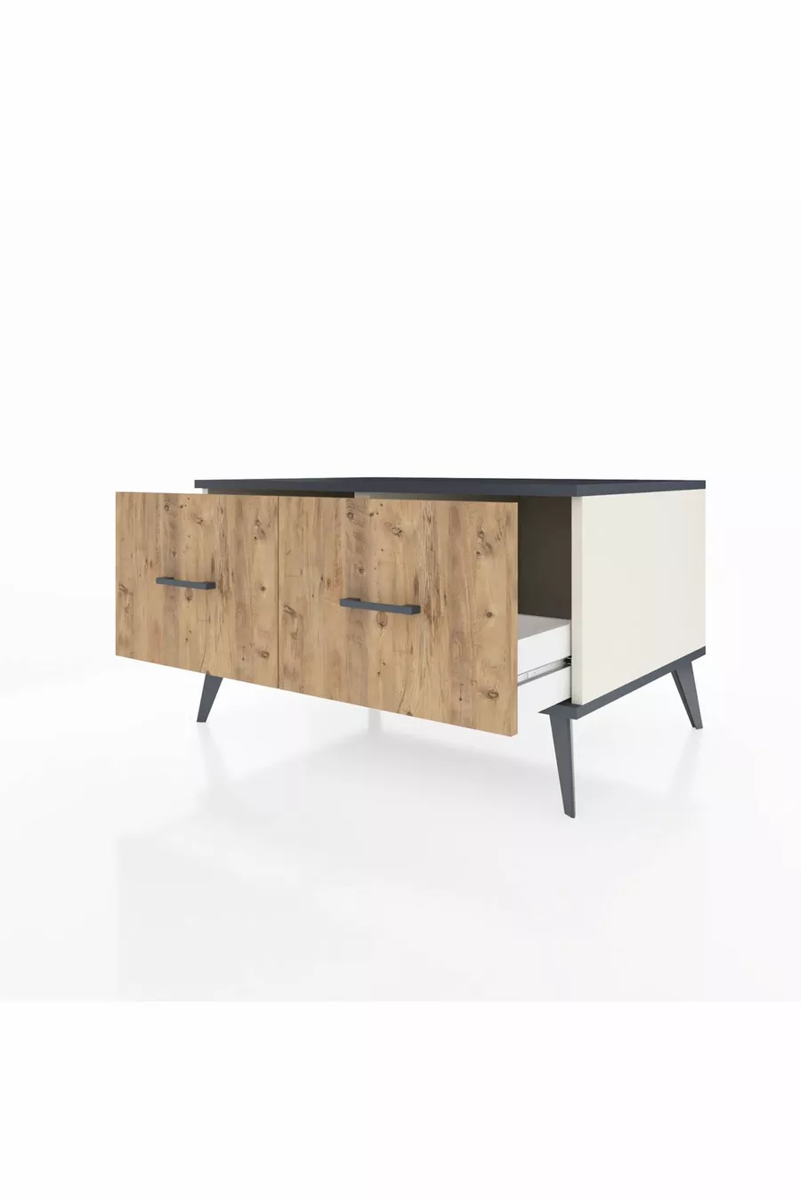Commode Kronos 2 tiroirs Pierre de Lune-Anthracite/Pin