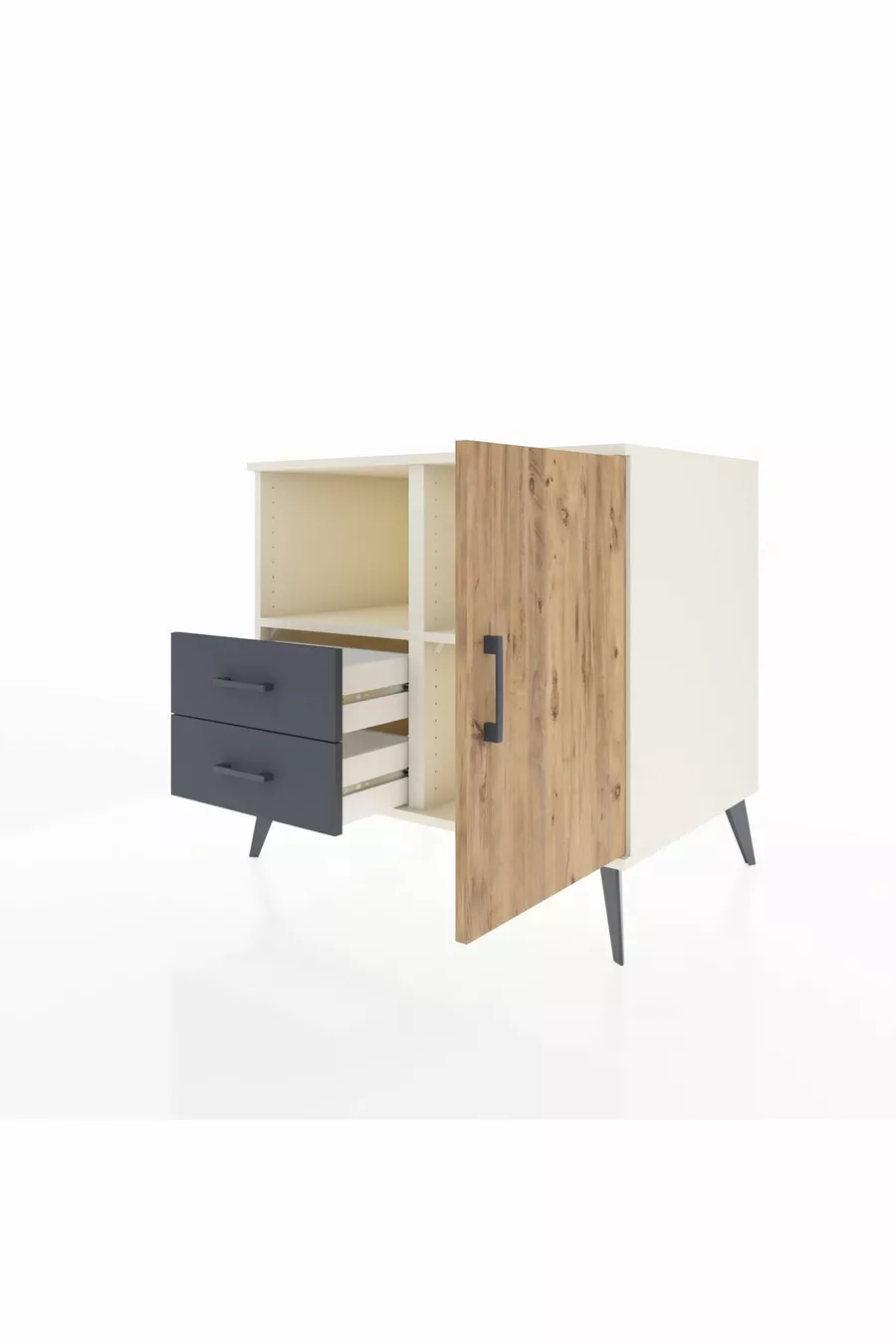 Commode Kronos avec 2 étagères, 2 tiroirs et 1 porte, Albâtre-Pin/Anthracite