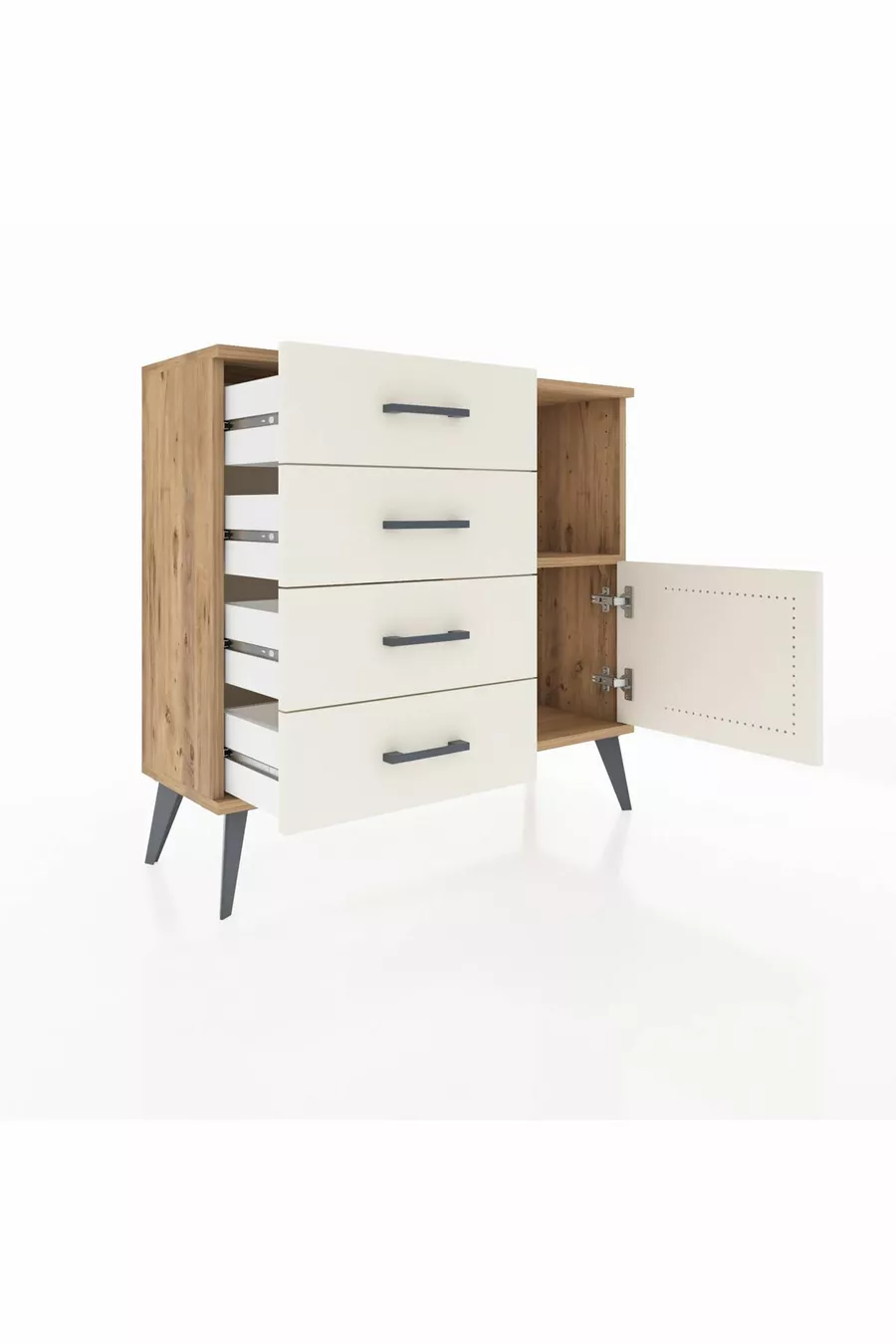 Commode Arges à une étagère, 4 tiroirs et une porte, pin et pierre de batte