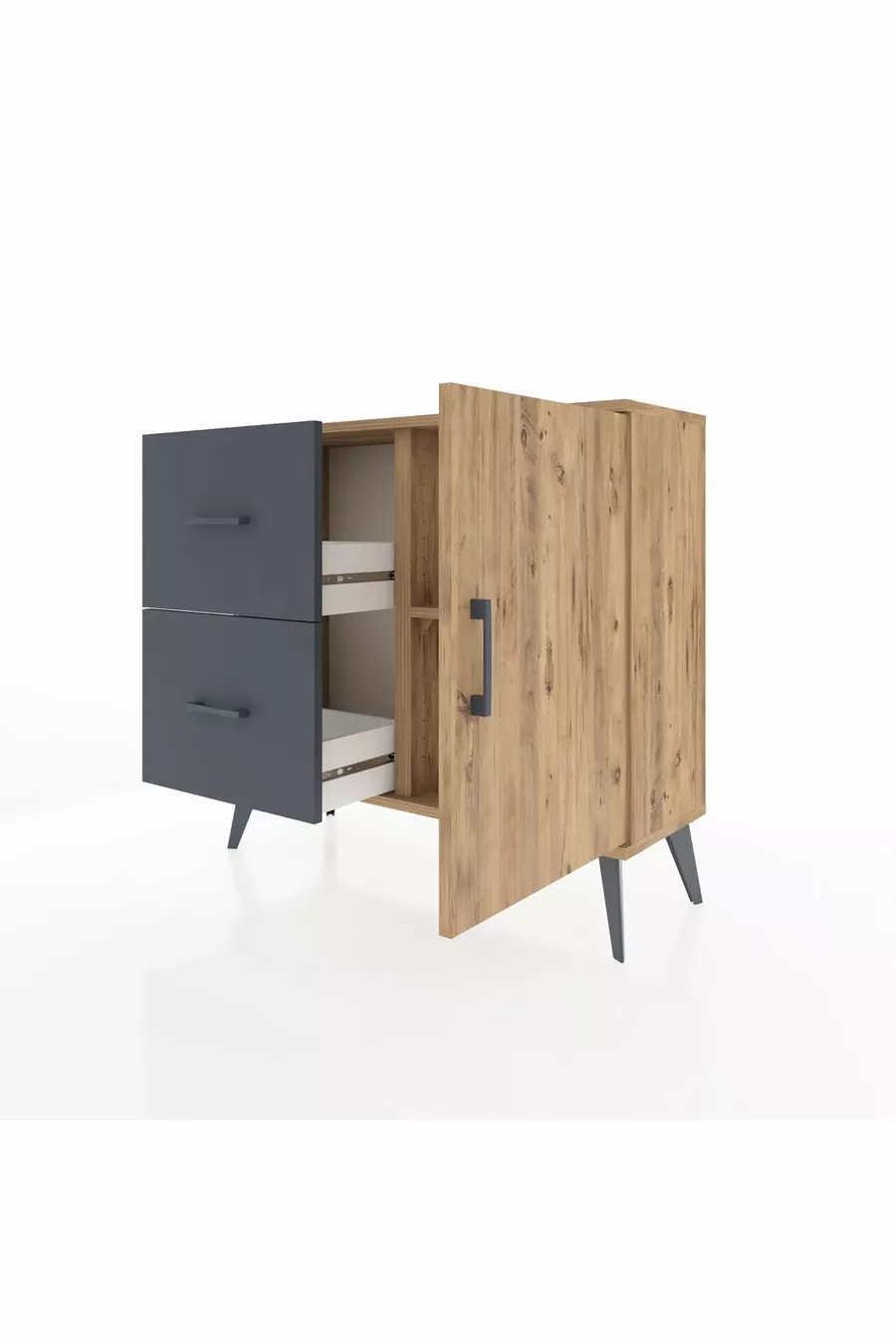 Commode Arges avec une seule étagère, 2 tiroirs et une porte, Pin-Pin/Anthracite