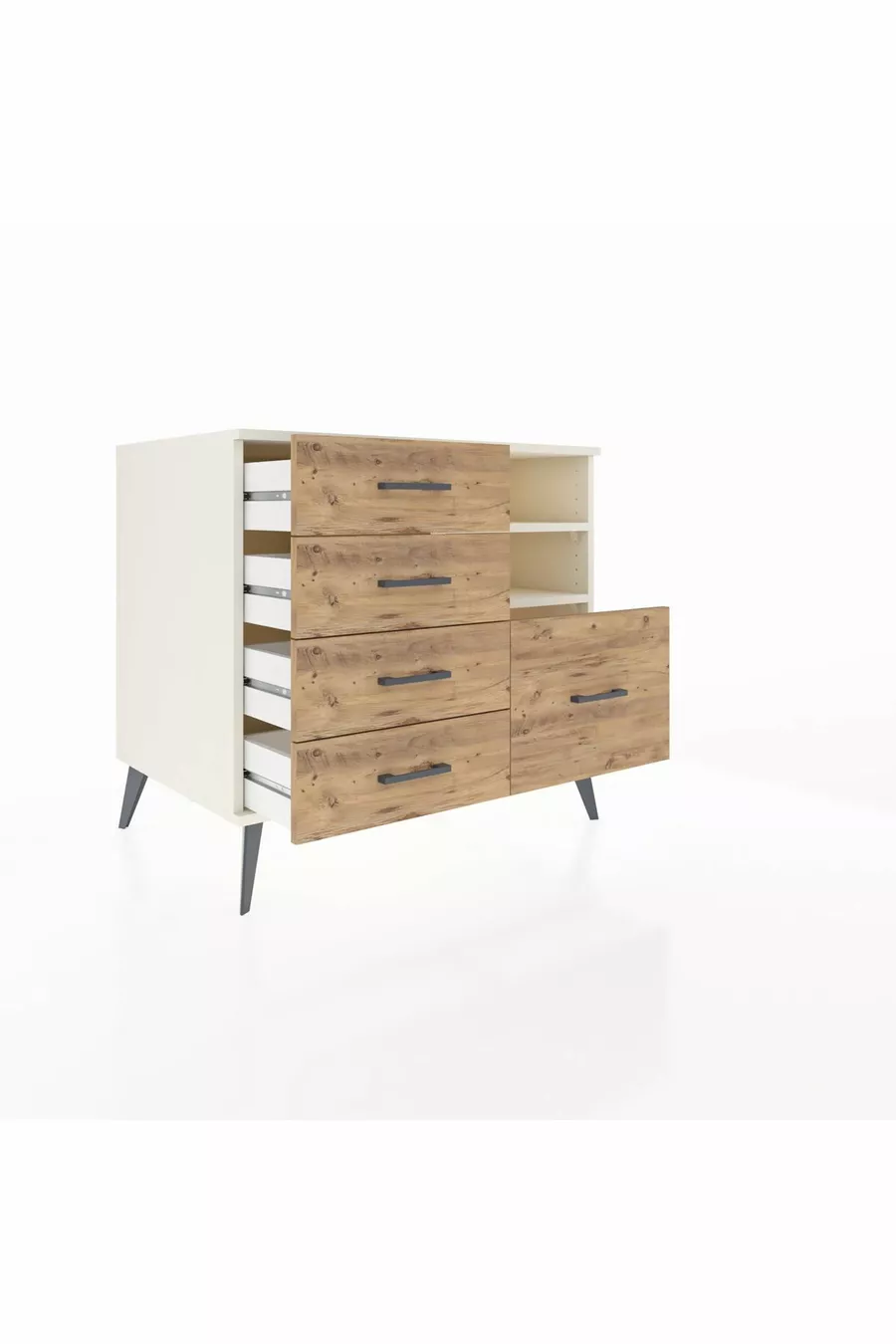 Commode Kronos 2 étagères 5 tiroirs Pierre de lune/Pin