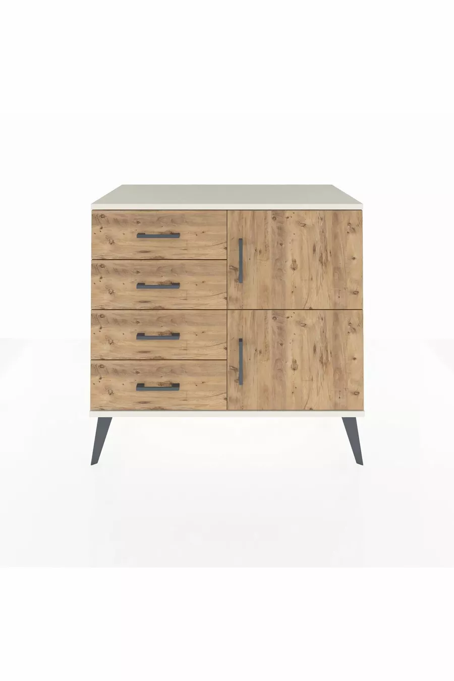 Commode Hyperion à une étagère, 4 tiroirs et 2 portes, Pierre de lune-Pin