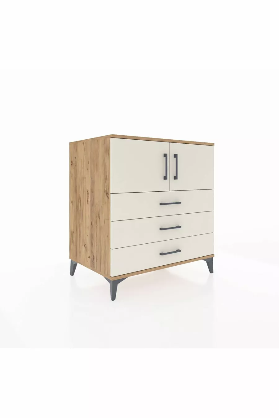 Commode Kronos avec 2 étagères, 3 tiroirs et 2 portes, en pin et pierre de lune