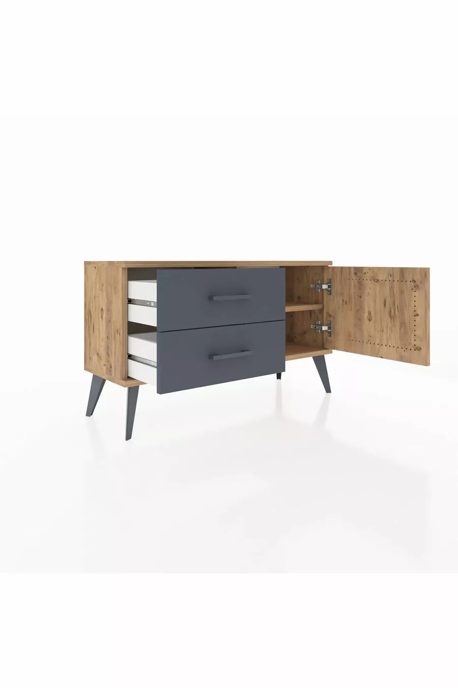 Commode Arges avec une seule étagère, 2 tiroirs et une porte, Pin-Pin/Anthracite