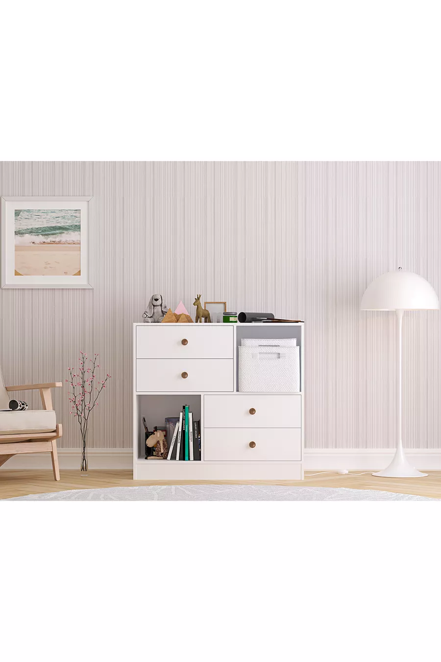 Commode Elif moderne à 4 tiroirs et 2 étagères