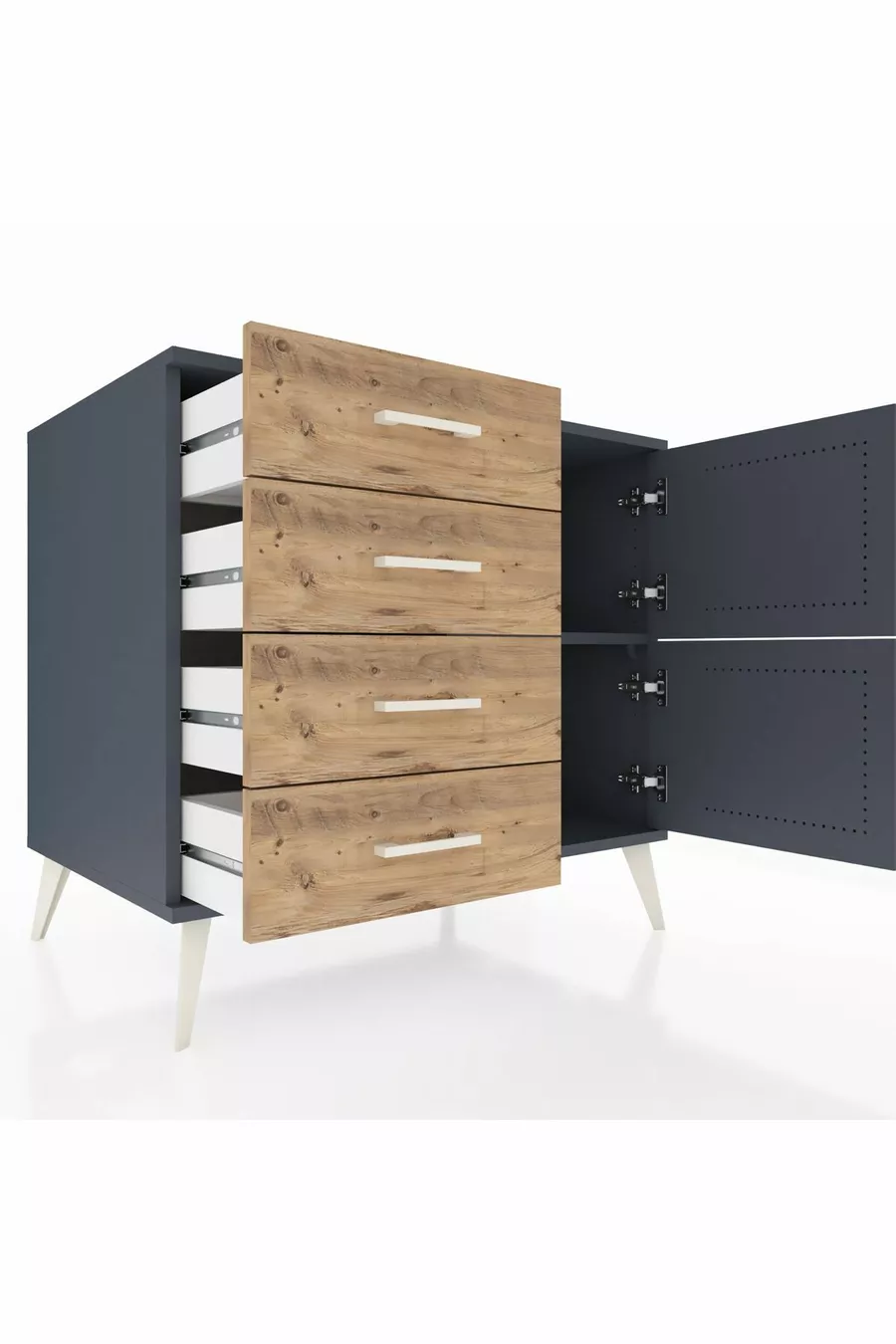 Commode Kronos à une étagère, 4 tiroirs, 2 portes Anthracite-Anthracite/Sapin