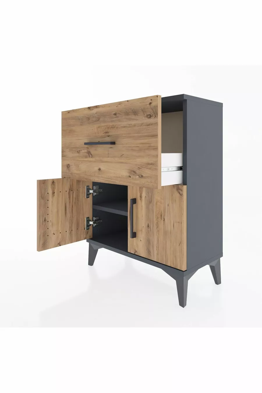 Table de chevet Arges avec une étagère, un tiroir et deux portes, Anthracite-Épicéa