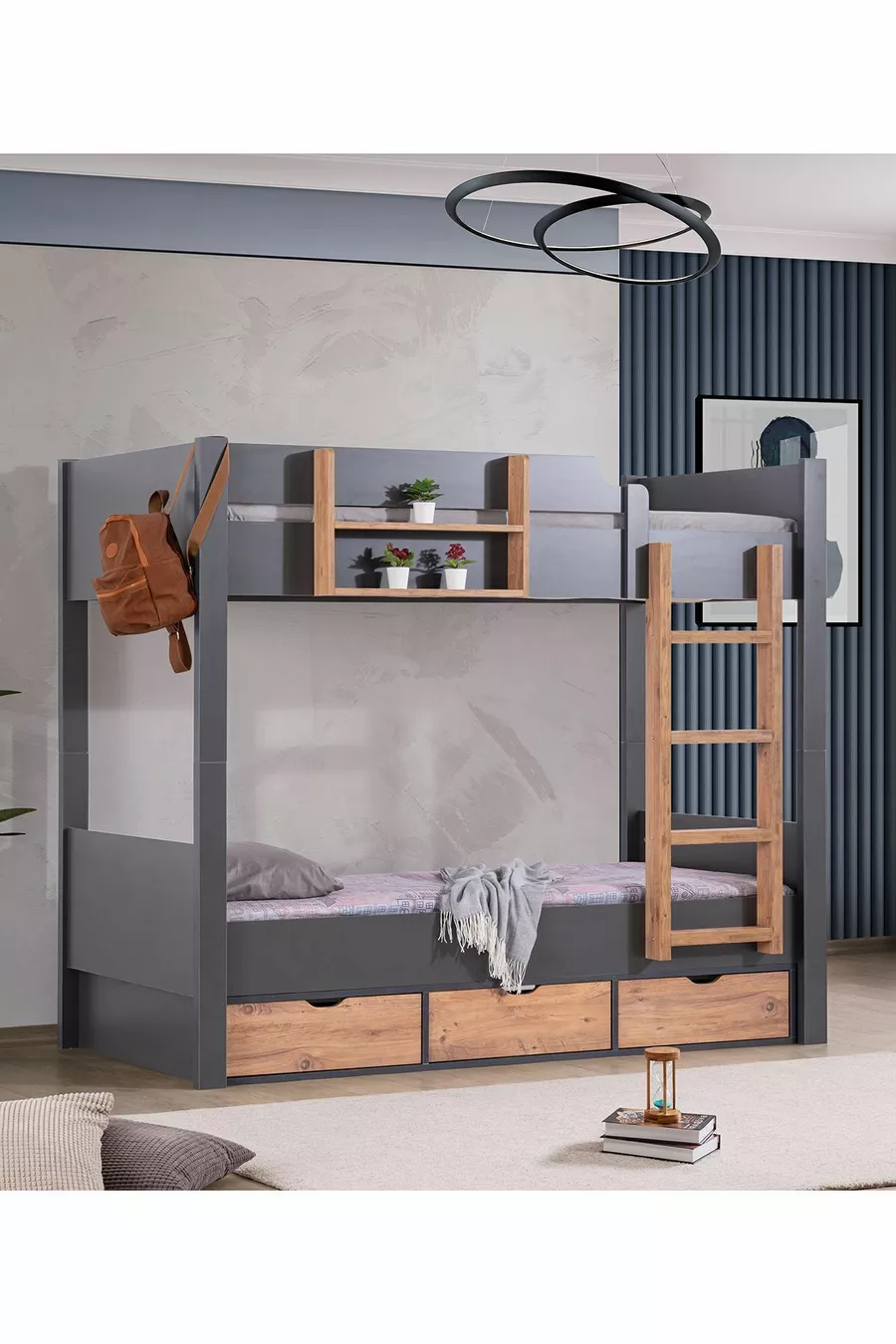 Lit superposé Ranza Asya avec tiroirs amovibles, 2 matelas Comfort