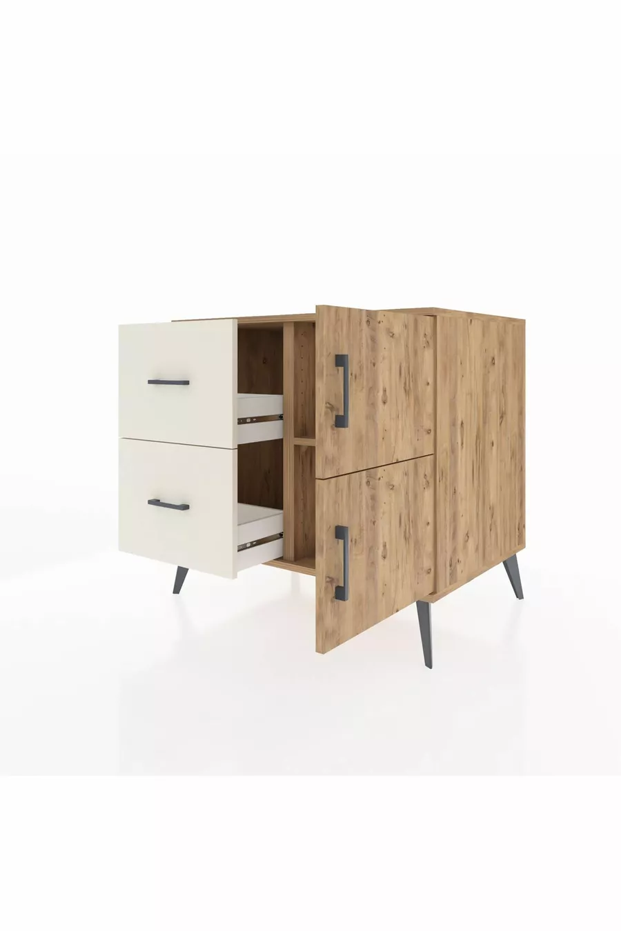 Commode Kronos à une étagère, 2 tiroirs et 2 portes, Pin-Pin / Pierre de lune