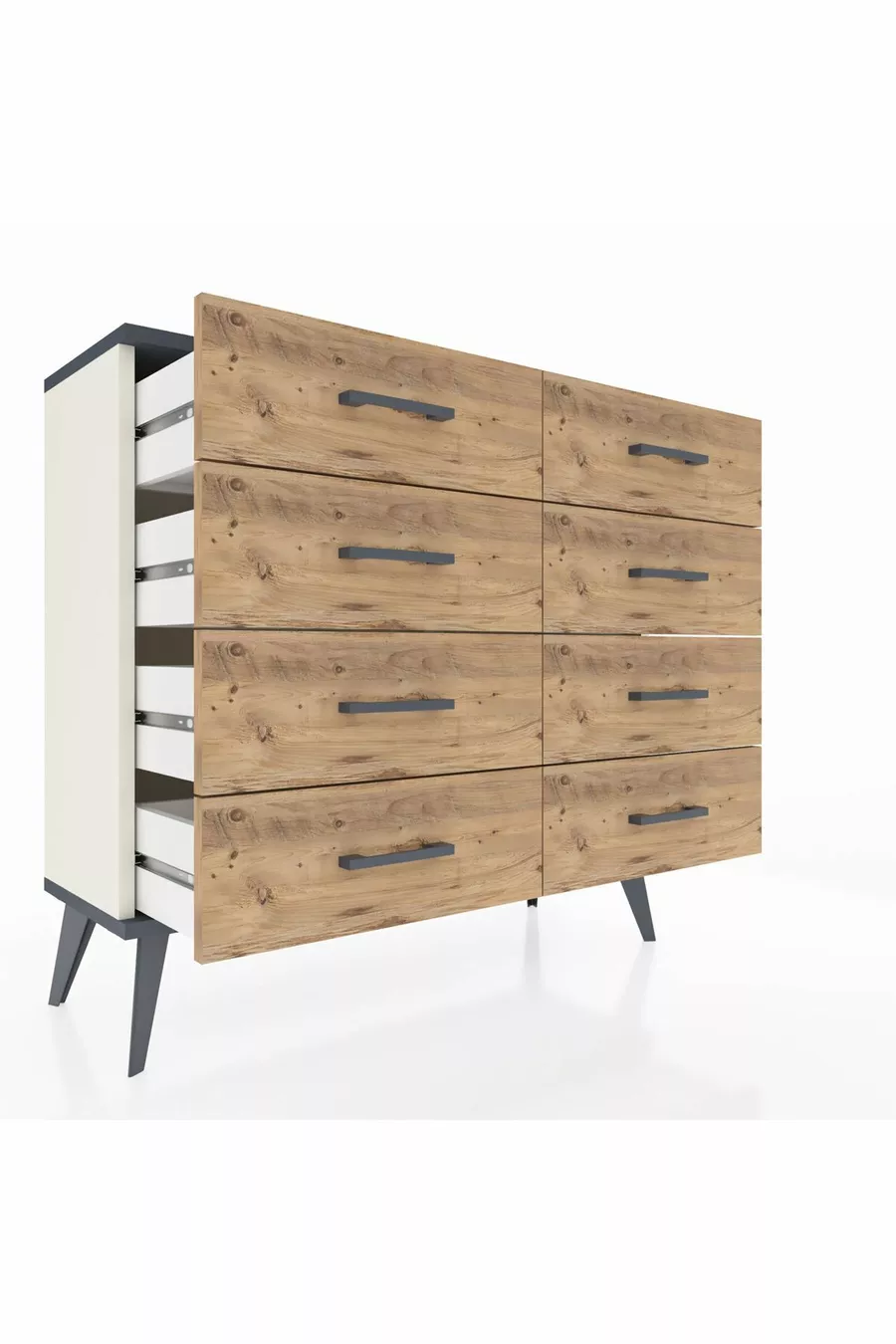Commode Arges 8 tiroirs Pierre d'Agate-Anthracite/Pin