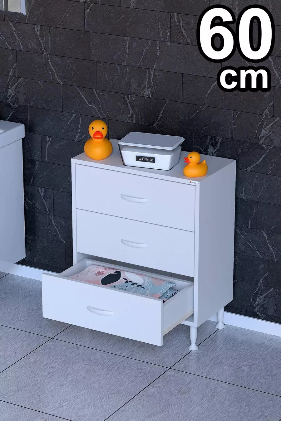 SÖKE, Armoire de salle de bain multifonctions à 3 tiroirs avec pieds (différentes options de largeur)
