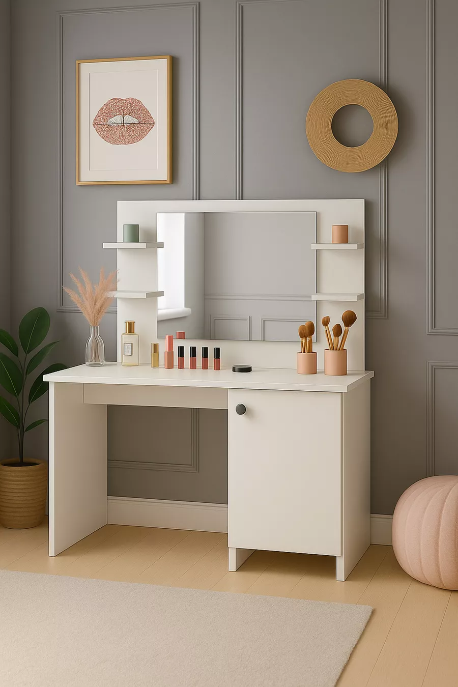 Table de maquillage Lima avec miroir, armoire et 4 étagères, blanche