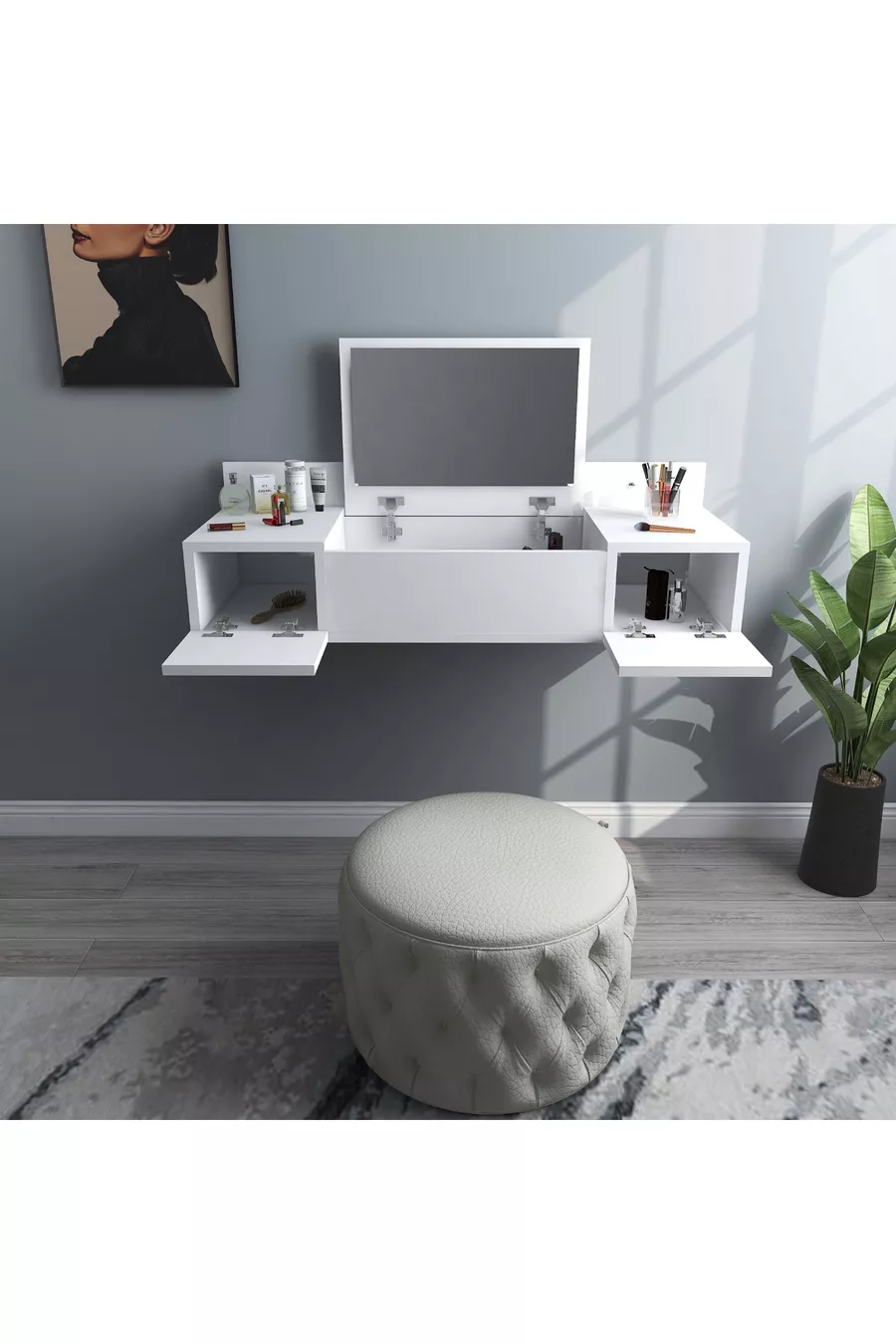 Coiffeuse Murale avec Miroir et Étagère Zakkum, Blanche - Zakkum