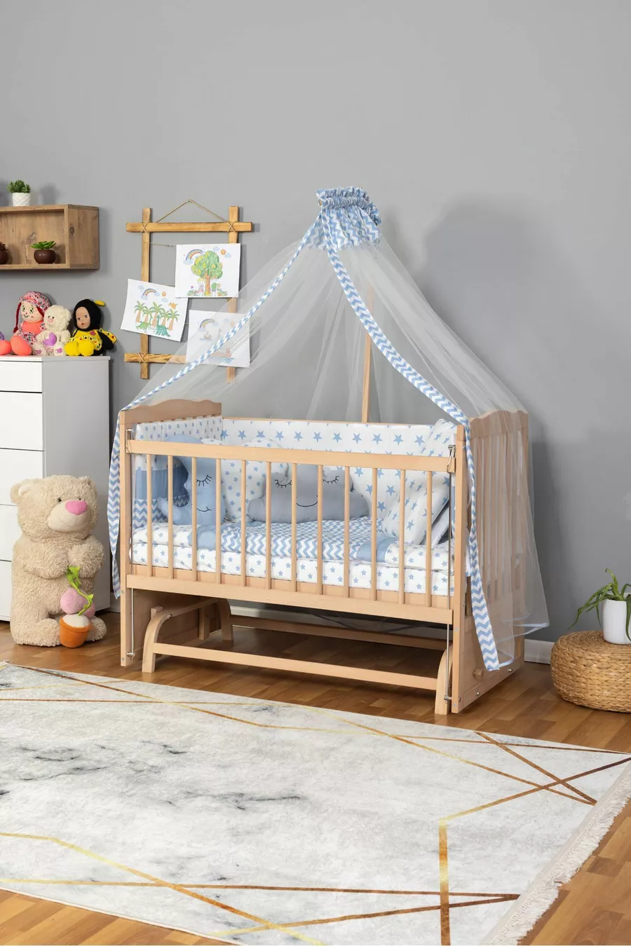 Berceau en bois à côté de maman Berceau biologique (sans peinture) - Ensemble de sommeil 3 oreillers + matelas Étoile bleue