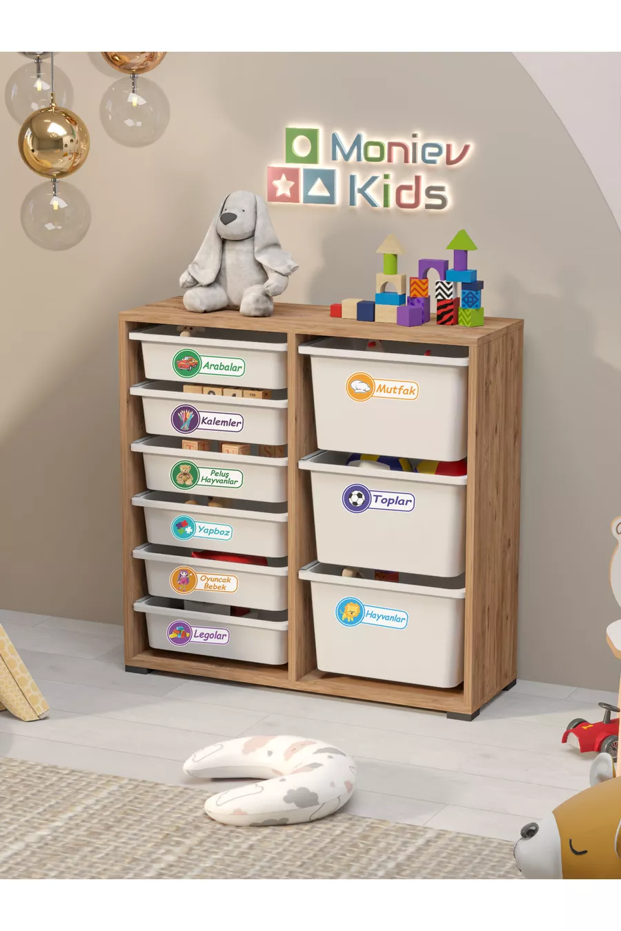 Armoire polyvalente Beyza avec 9 paniers et autocollants pour jouets