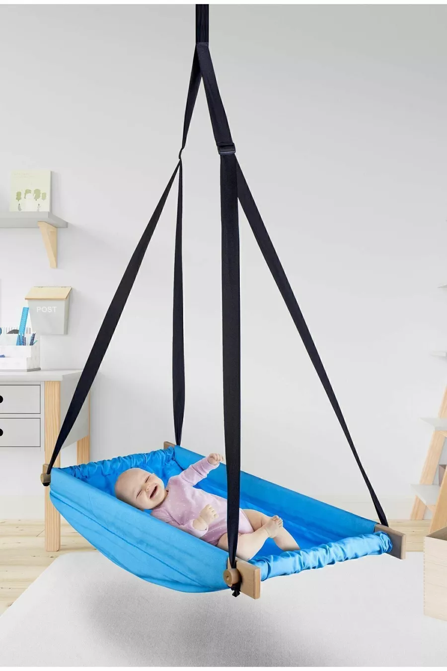 Hamac à ressort en bois bleu Flow Hoppala lit de bébé suspendu au plafond balançoire