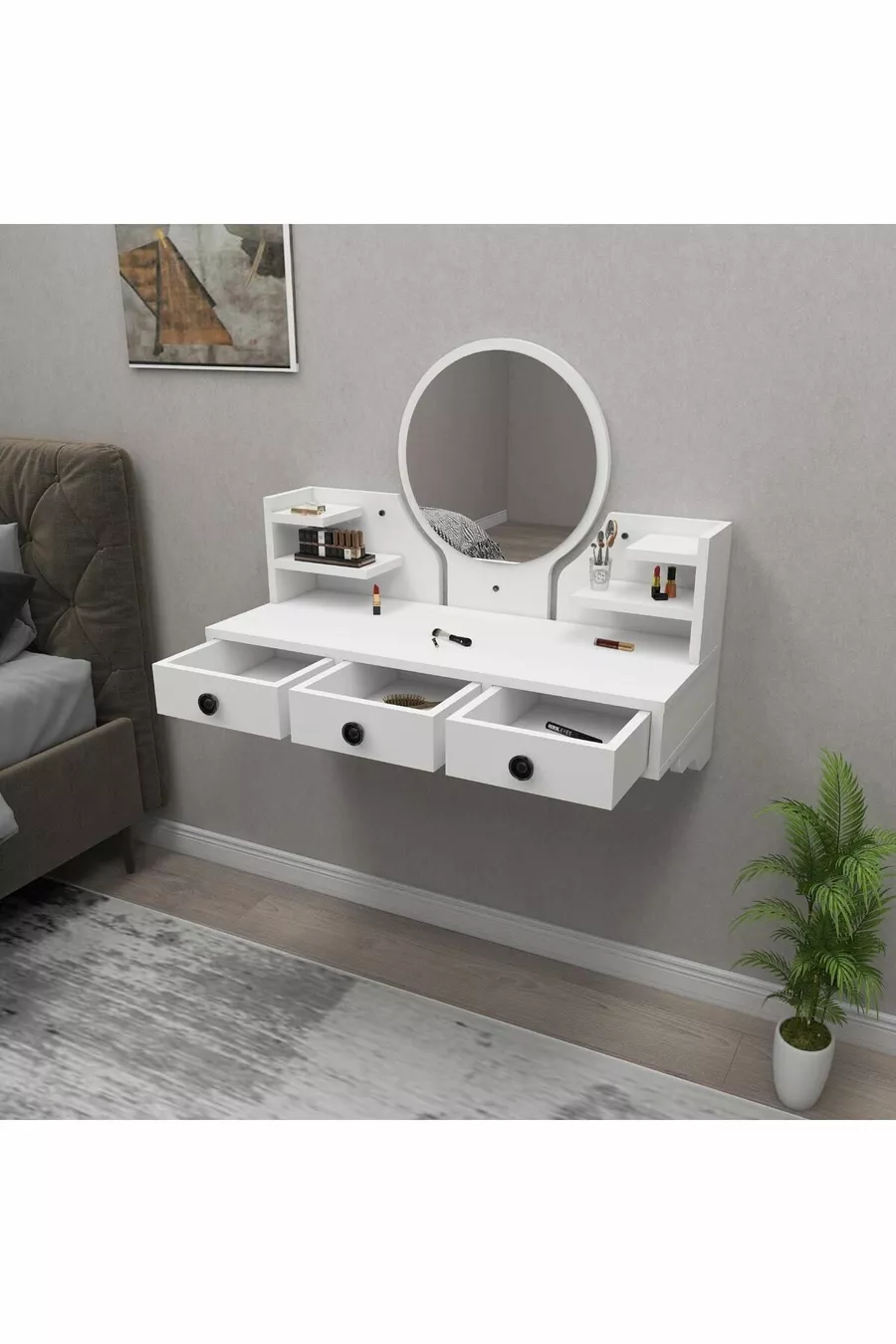 Table de maquillage murale Polina avec miroir, étagères et tiroirs, blanc - Polina