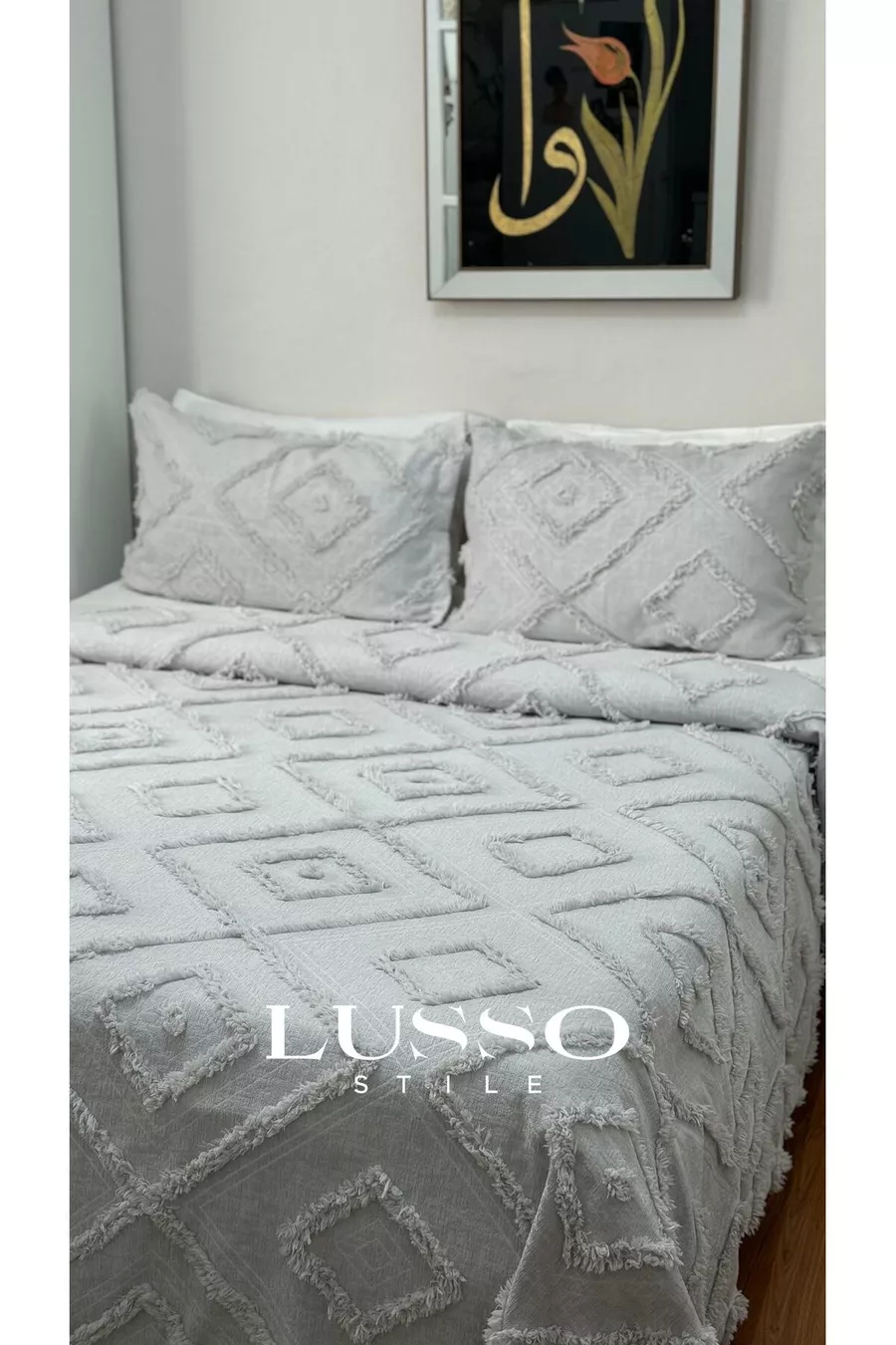 Housse de lit scandinave Jasmine pour lit double  et 2 oreillers argent gris