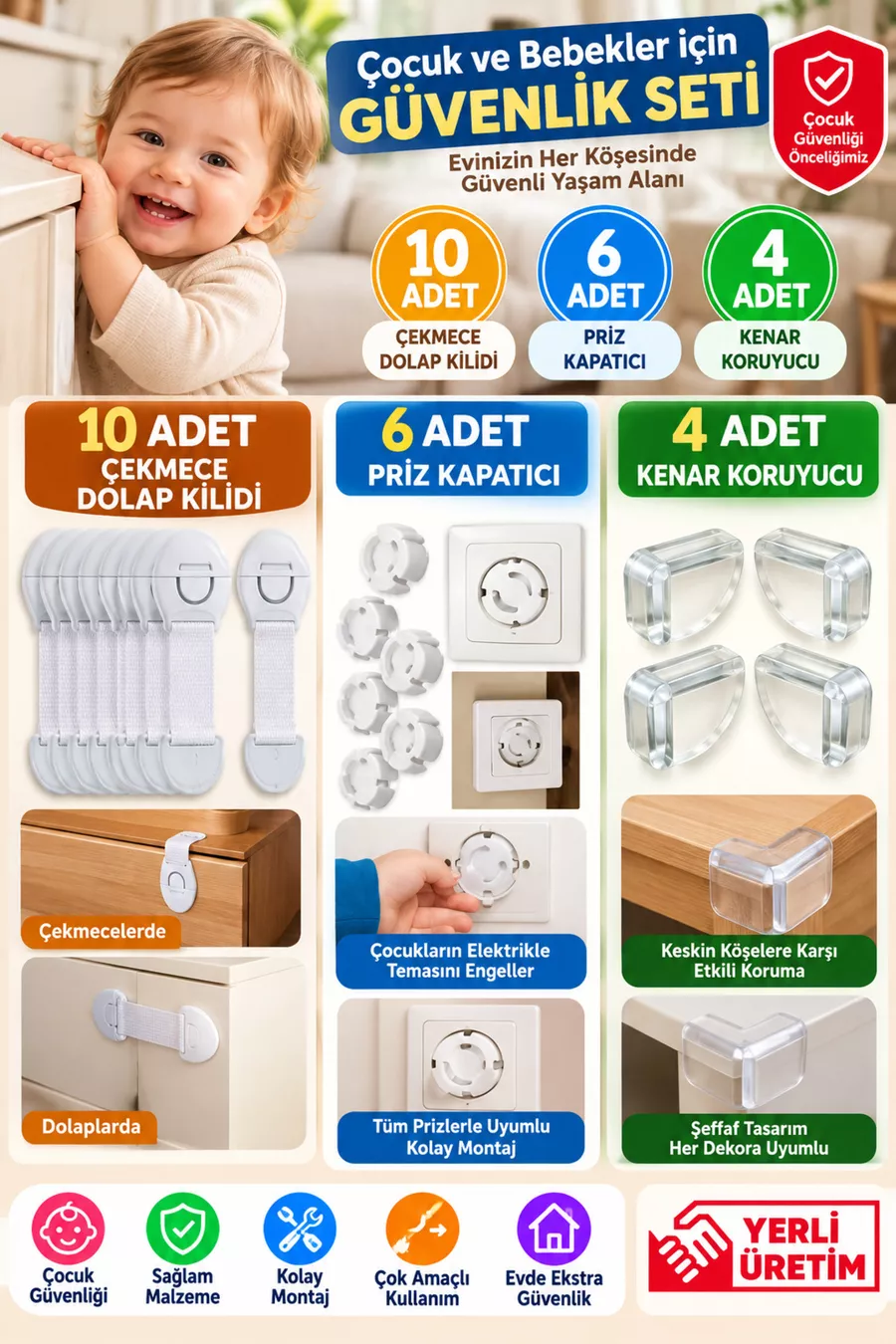 Ensemble de sécurité pour enfants et bébés,  serrures de tiroir, 4 protections d'angle, 6 protections de prise