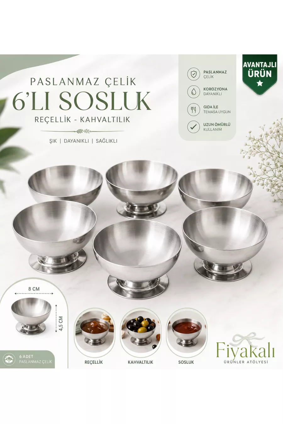 Set de 6 Bols de Présentation en Acier Inoxydable avec Pied de 8 cm | Pour Confiture, Sauce, Fruits Secs, Petit Déjeuner, Mezze, Cornichons, Présentation, Cadeau