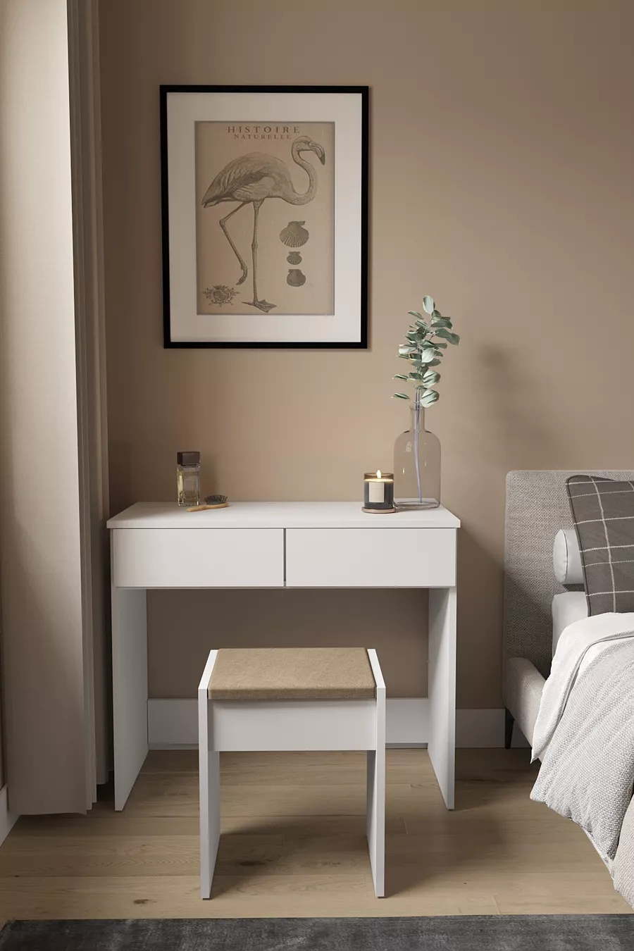 B Chambre à coucher moderne avec deux grands tiroirs et banc, meuble de maquillage avec pouf et organisateur