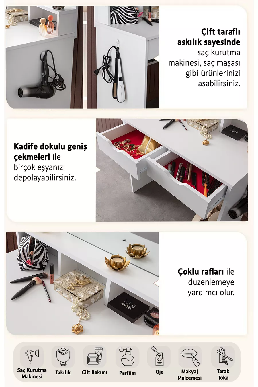 Coiffeuse Diva Hollywood avec Miroir, Éclairage LED, Étagères et Tiroirs, Pouf d'Assise Inclus, Blanche, avec Cadeau