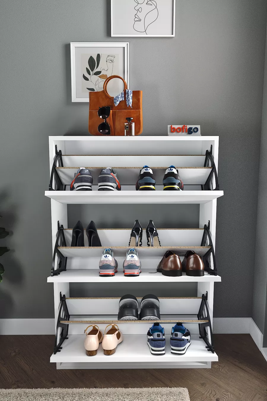 Placard à chaussures à abattant avec étagère coulissante, placard à chaussures à 3 compartiments, Ange blanc