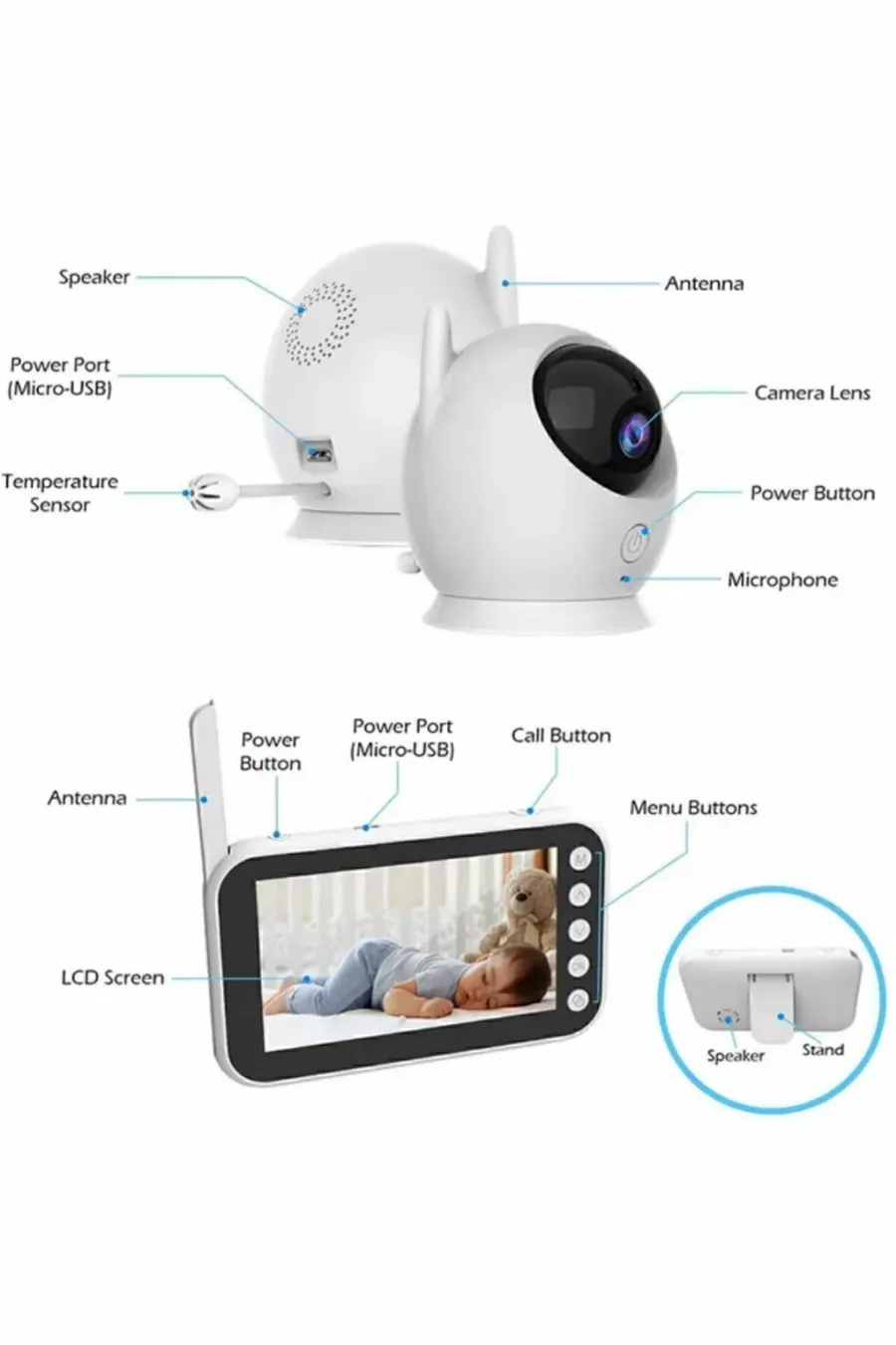 Moniteur pour bébé avec écran CT-LCD et vision nocturne - Caméra de surveillance pour bébé sans fil avec contrôle de la température de la chambre