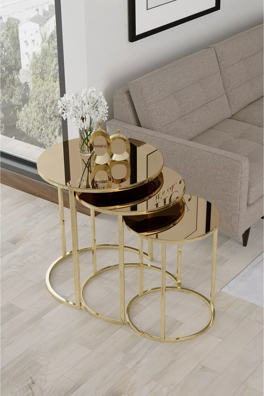 Table gigogne avec miroir doré et bronze
