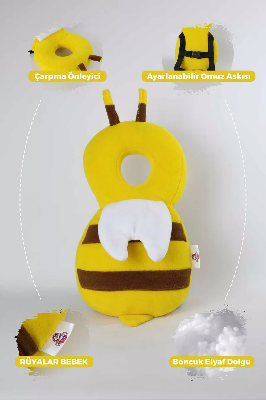 Ruyalarbebek Coussin de protection de tête pour bébé jaune Coussin de première étape Abeille