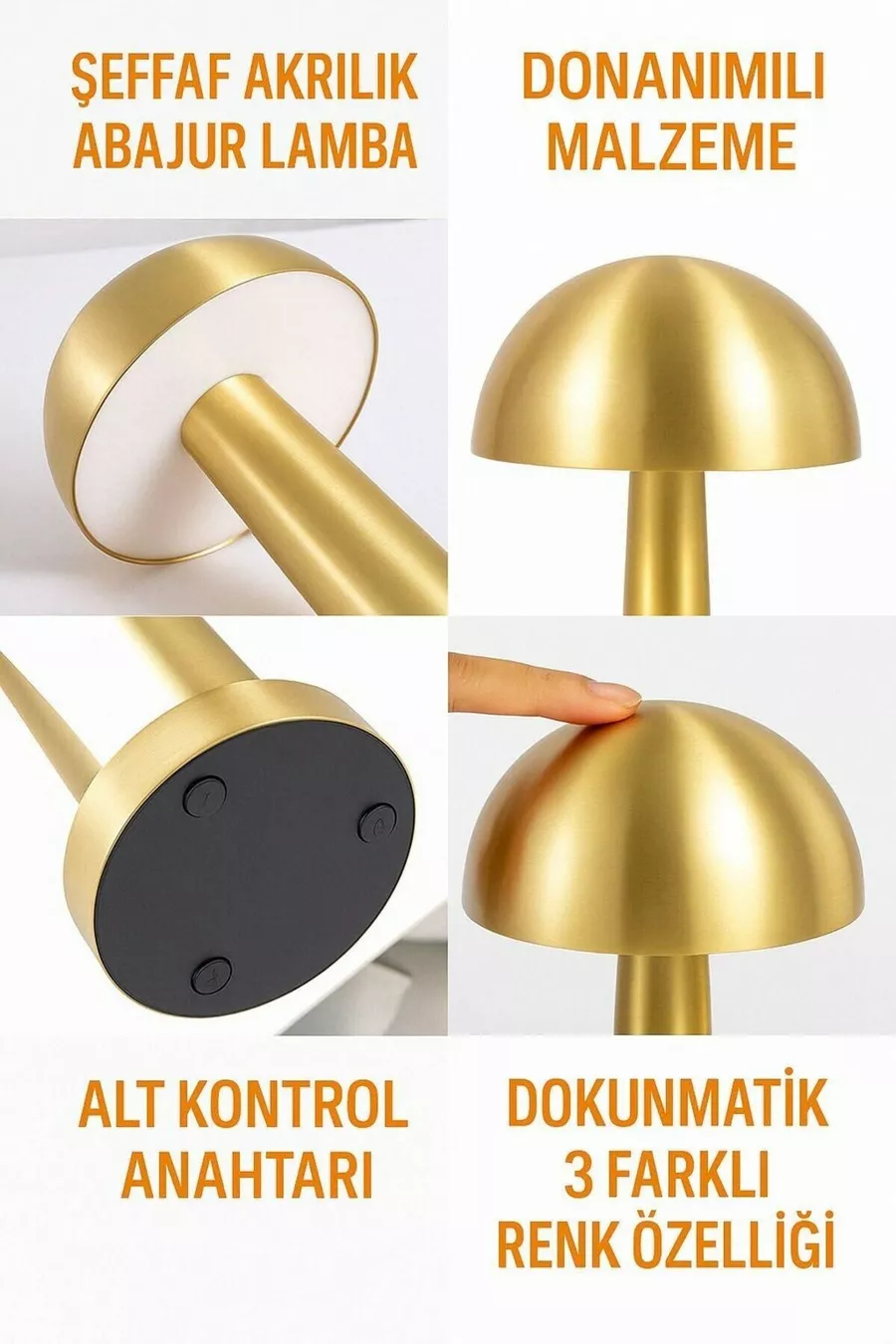 Lampe de table champignon en or rechargeable tactile à 3 couleurs réglables