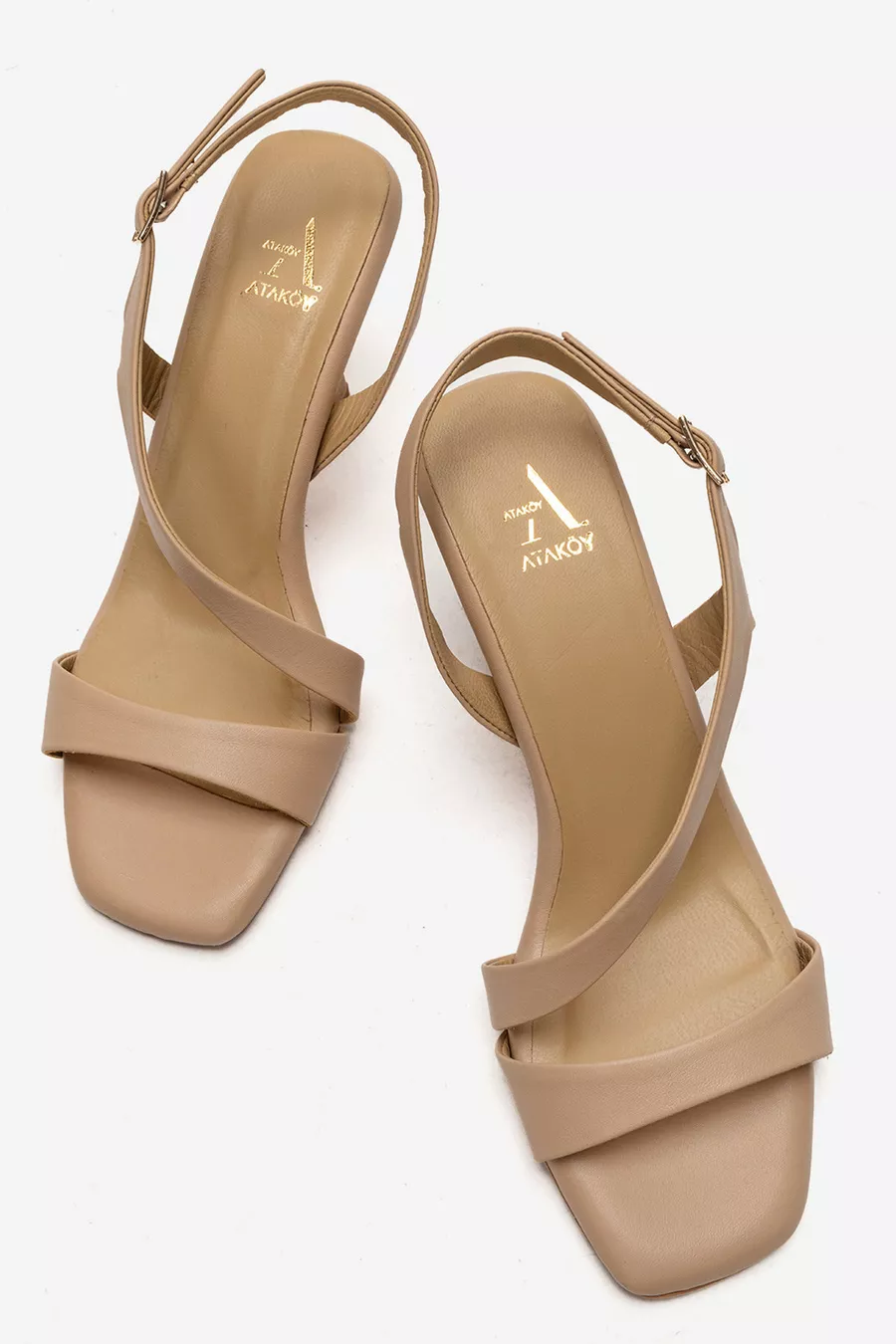 Sandales pour femme en cuir véritable, talon moyen fin, couleur beige